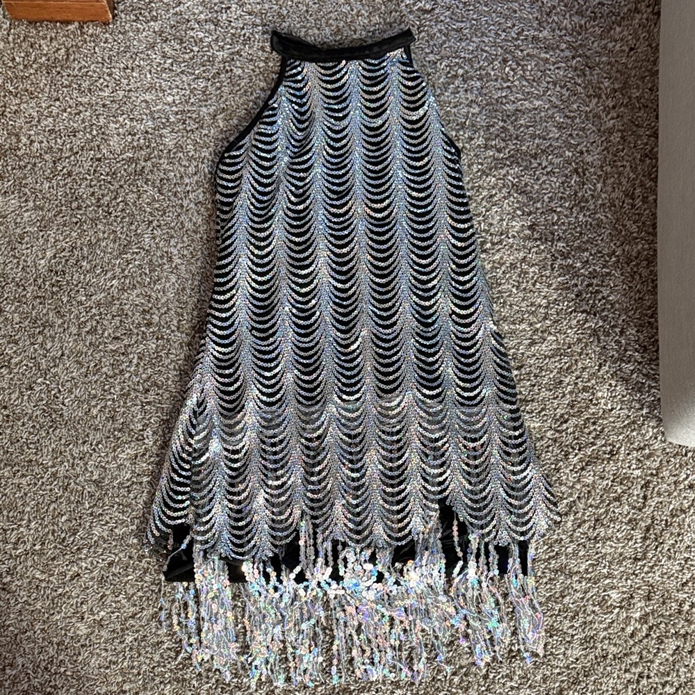 Weissman Black and Iridescent Sequin Asymmetrical Fringe Costume